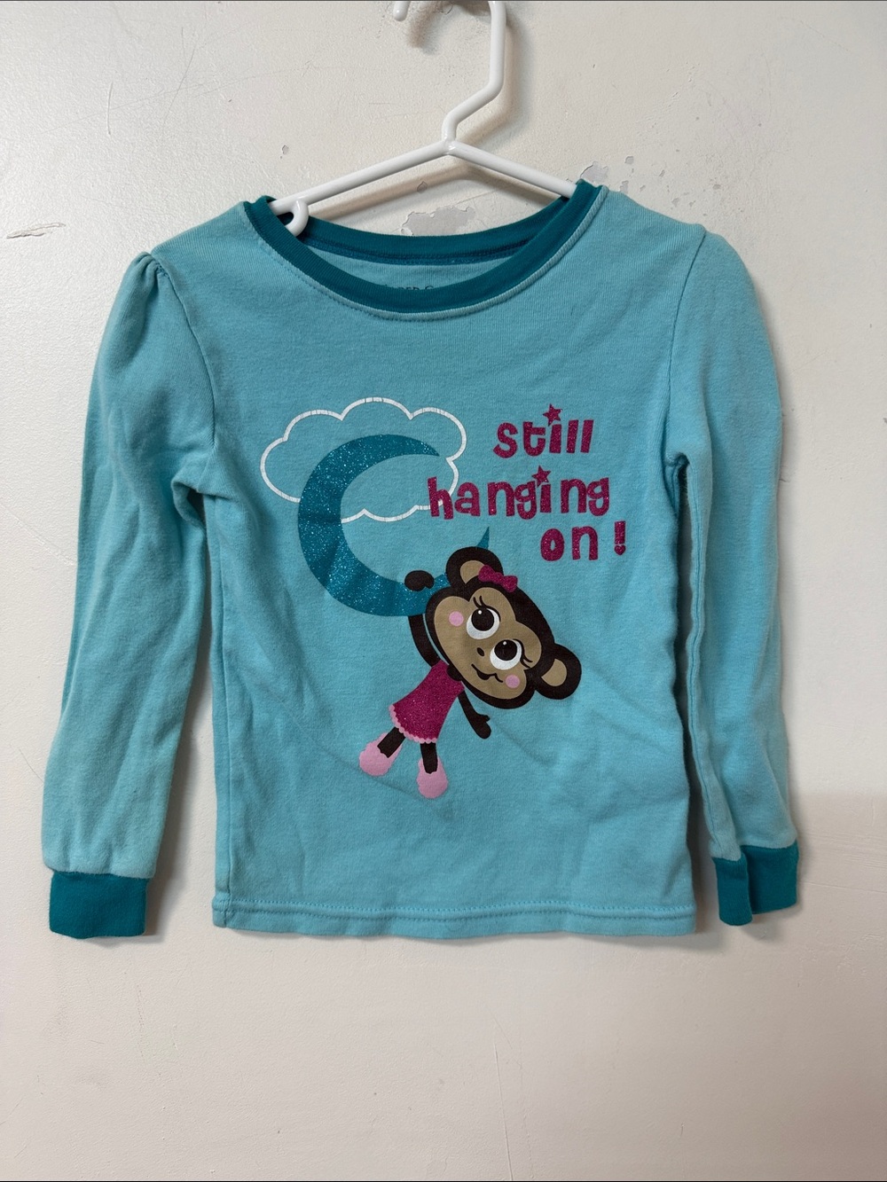 Faded Glory Teal Long-Sleeve Graphic Tee with Monkey Print Y2K